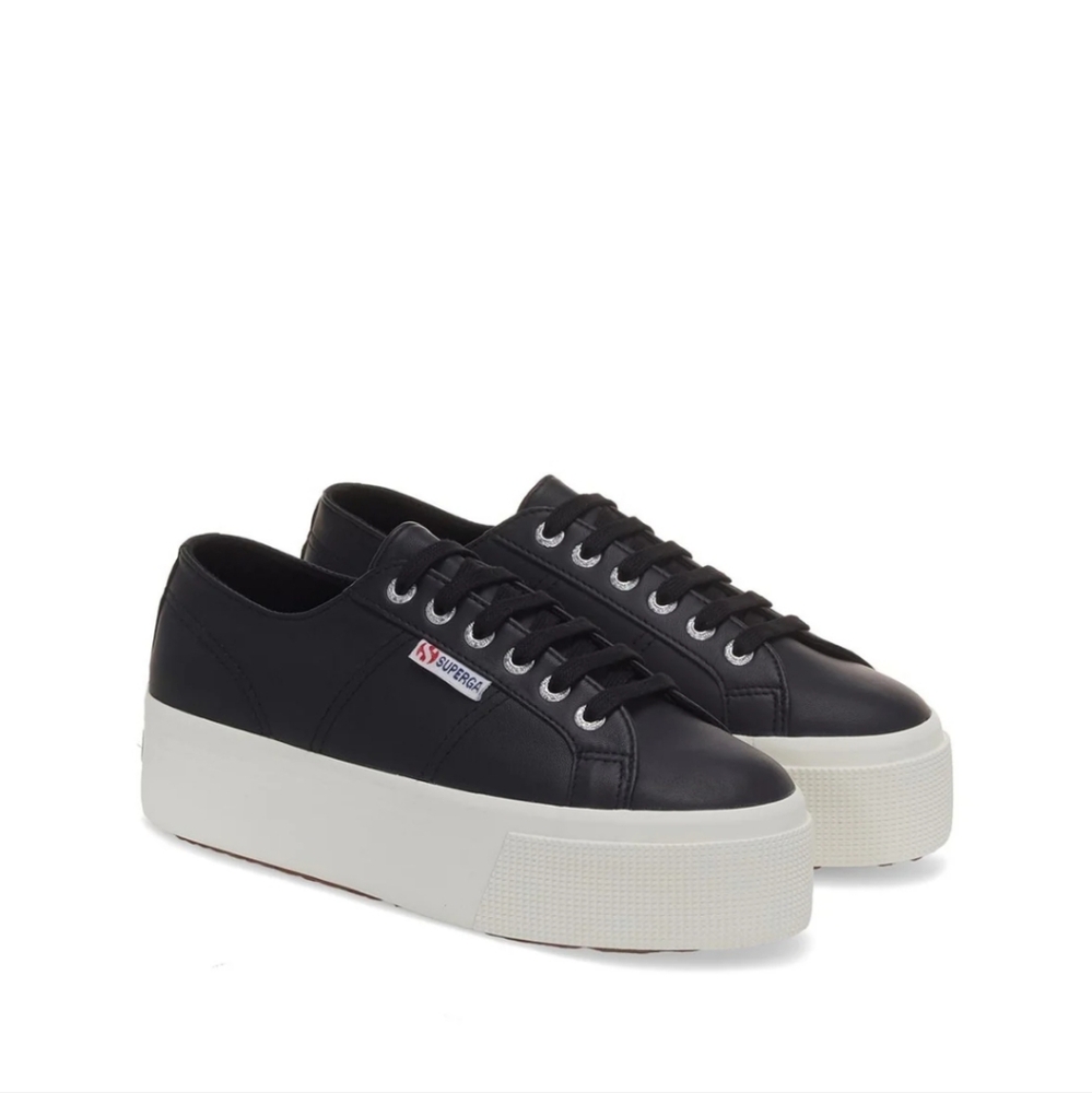 SUPERGA Black Leather Nappa Platform Sneakers size 9/40